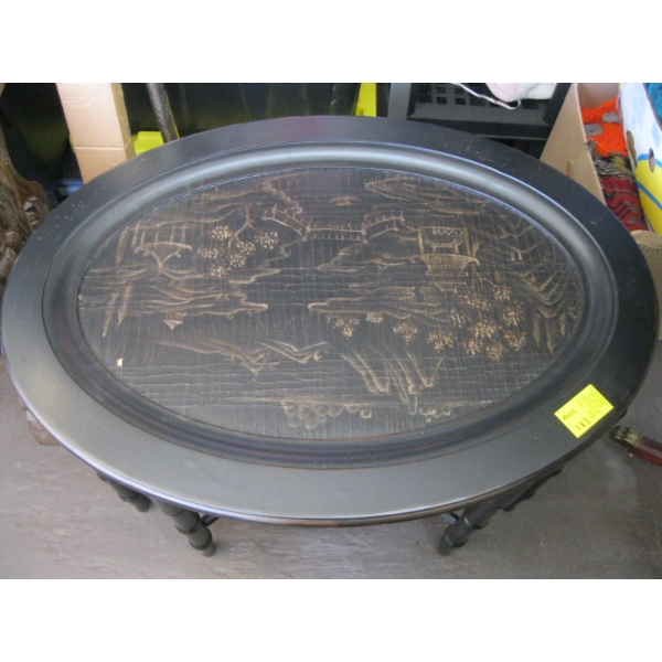 OVAL TOP OCCASIONAL TABLE W/PAINTING