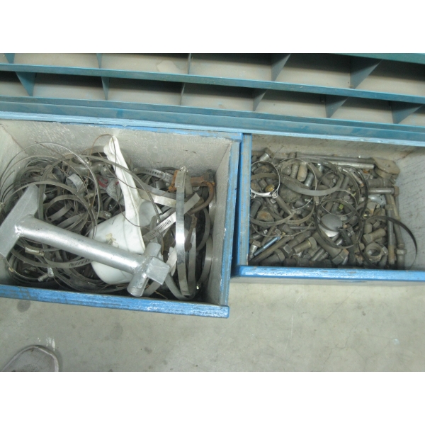 4 WOODEN DRAWERS W/ASST. CONTENTS - BOLTS, HOSE CLAMPS, ETC.