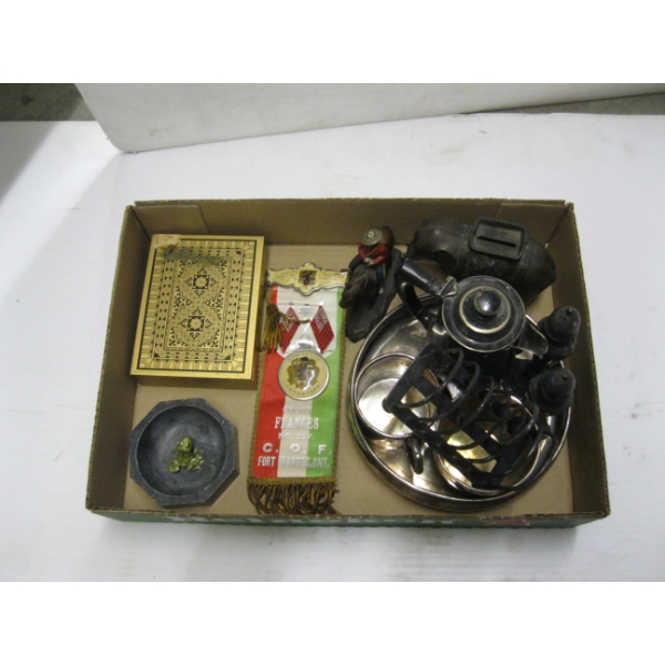 MISC. CANADIAN FORESTERS RIBBON, RCMP FIGURINE, SILVER PLATE, ETC.