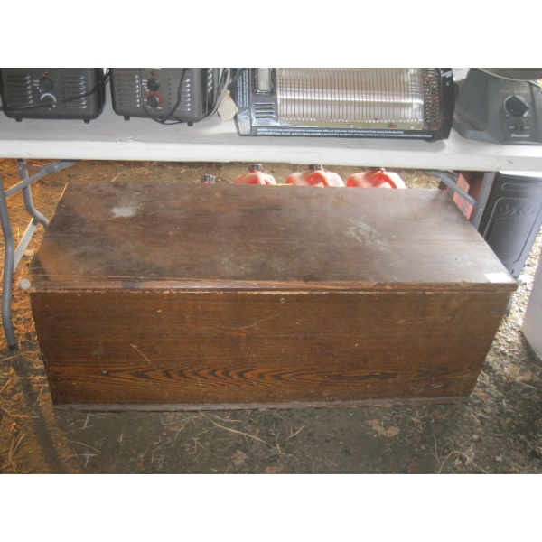 WOODEN STORAGE TRUNK W/SEAT COVERS, ETC.