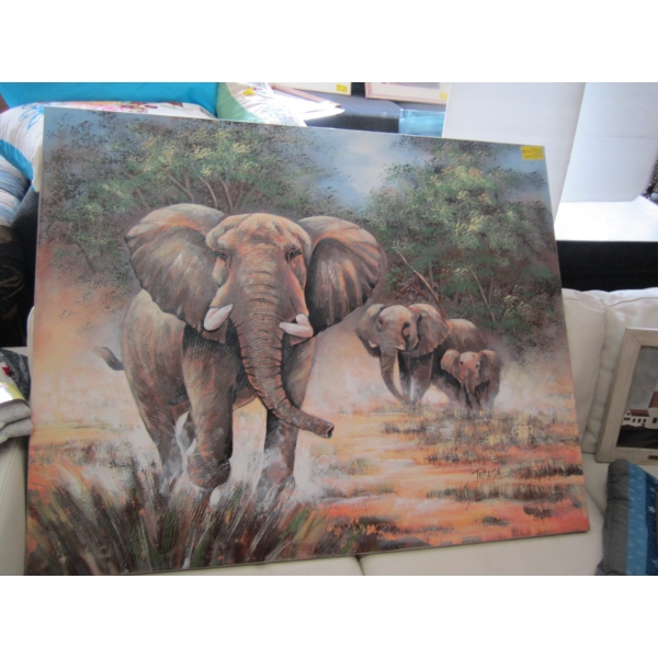 LG. FRAMED ORIGINAL PAINTING OF THE ELEPHANTS