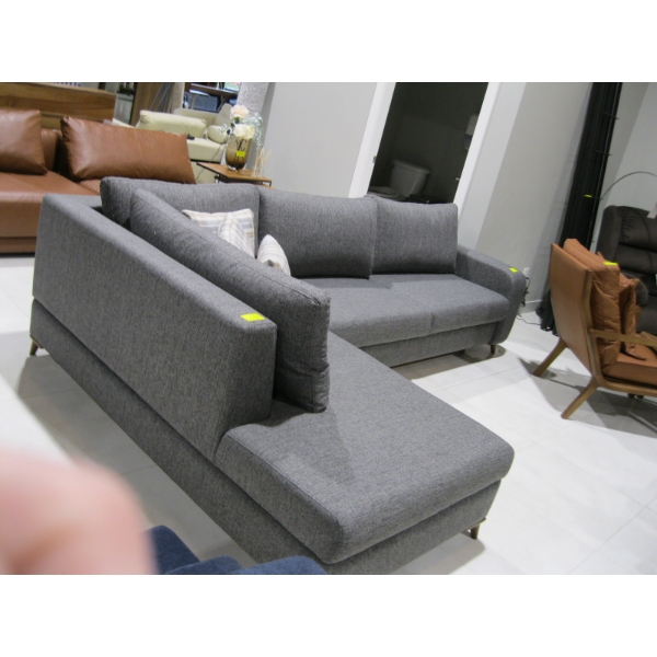GREY SOFA W/CHAISE EXTENSION & PILLOWS