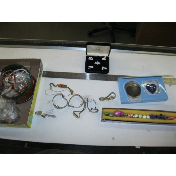 BOX OF MISC. PINS, COSTUME JEWELLERY, ETC.