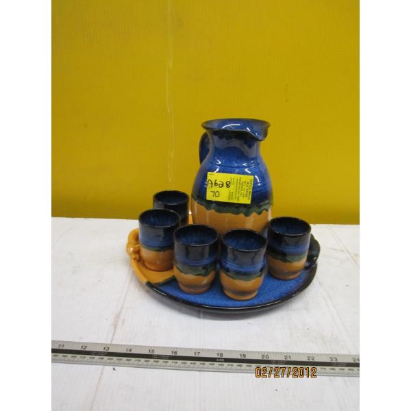 POTTERY PLATTER, JUG & 5 CUPS