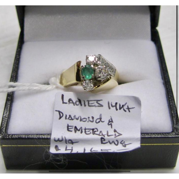 LADIES 14KT DIAMOND & EMERALD RING, SZ 7 1/4, W/A $4,165