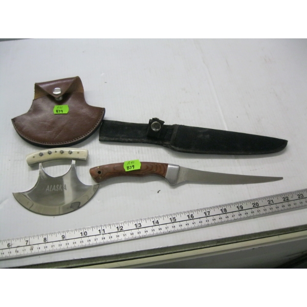 ALASKA KNIFE W/SHEATH & A WOODEN HANDLED KNIFE W/SHEATH