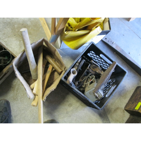 ASST. HANDLES & A CRATE OF MISC. SAW VISE, PICK HEAD, ETC.
