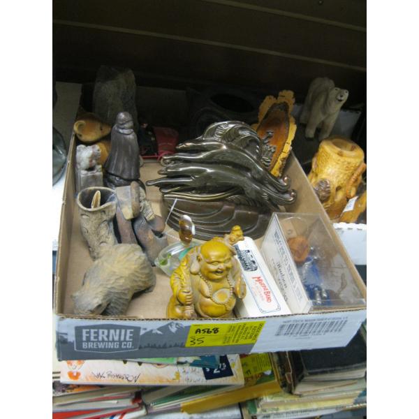 MISC. FIGURINES, POTTERY, HARMONICA, ETC.