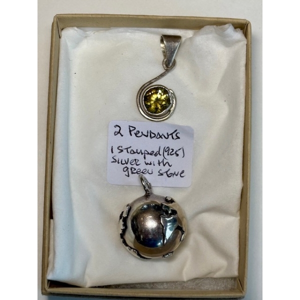  2 PENDANTS - 1 STAMPED .925 SILVER WITH GREEN STONE