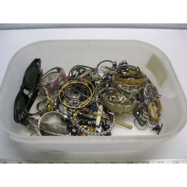 BIN OF ASST. JEWELLERY, WATCHES, SUNGLASSES, ETC.