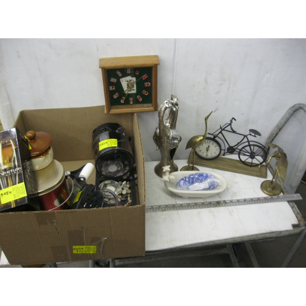 MISC. BICYCLE CLOCK, BRASS FIGURINES, ETC.