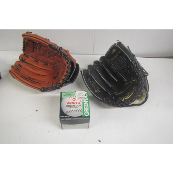 2 BASEBALL GLOVES & A BALL