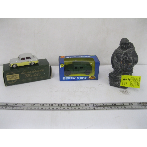 WOLF SCULPTURE FIGURINE & 2 SM. DIECAST CARS