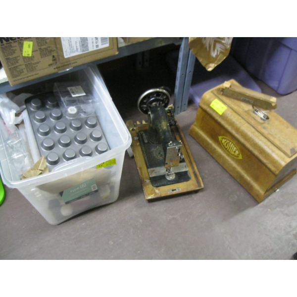 BIN OF MISC. CANDLES, CANDLEHOLDERS, BAKING DISHES, OLD CASE SEWING MACHINE ("AS IS")