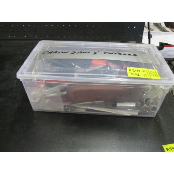 PLASTIC BIN W/ASST. CHISELS, CHAINSAW SHARPENER, ETC.