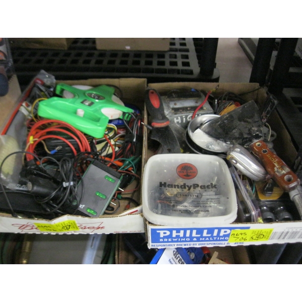 2 BOXES OF MISC. CHARGERS, TAPE MEASURE, TROWELS, ETC.