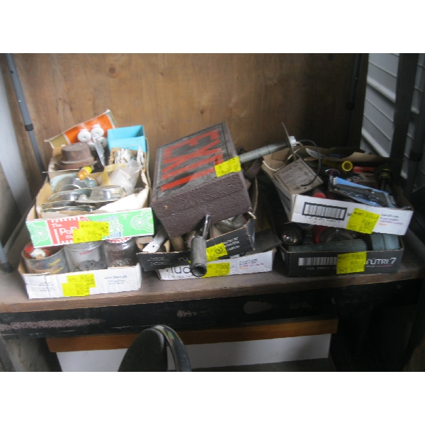 7 BOXES OF MISC. VINTAGE FLASHLIGHTS, NAILS, EXIT SIGN, ETC.