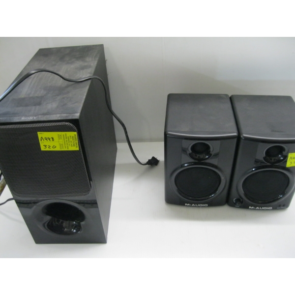 PAIR OF M AUDIO SPEAKERS & A SONY SUB SPEAKER