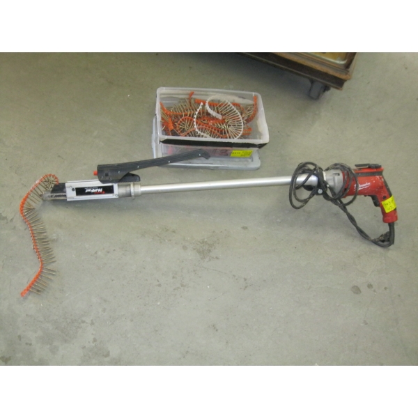 MILWAUKEE SCREW SHOOTER DRILL W/HAND FAST SCREW FEEDER & BIN OF ASST. SCREWS