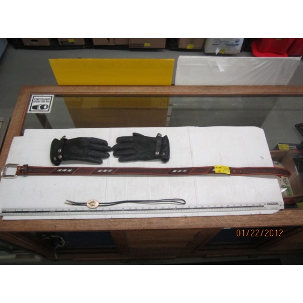 BELT, BOLO & PAIR OF LEATHER GLOVES