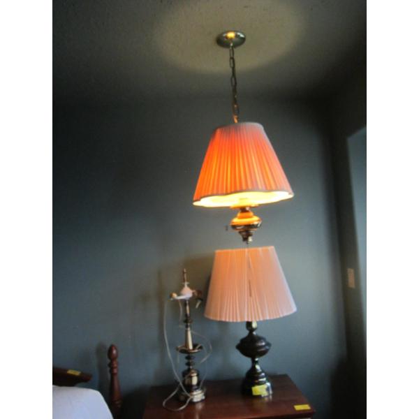 2 BRASS TABLE LAMPS - 1 MISSING SHADE, & A HANGING BRASS LAMP
