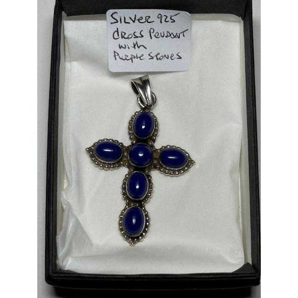 STERLING .925 CROSS PENDANT W/PURPLE STONES