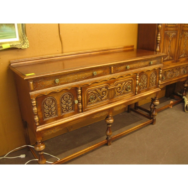 MATCHING CARVED FRONT 2 DRAWER, 2 DOOR ANTIQUE SIDEBOARD