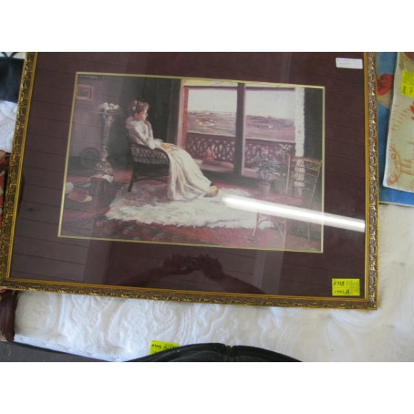 FRAMED PRINT OF LADY IN WINDOW