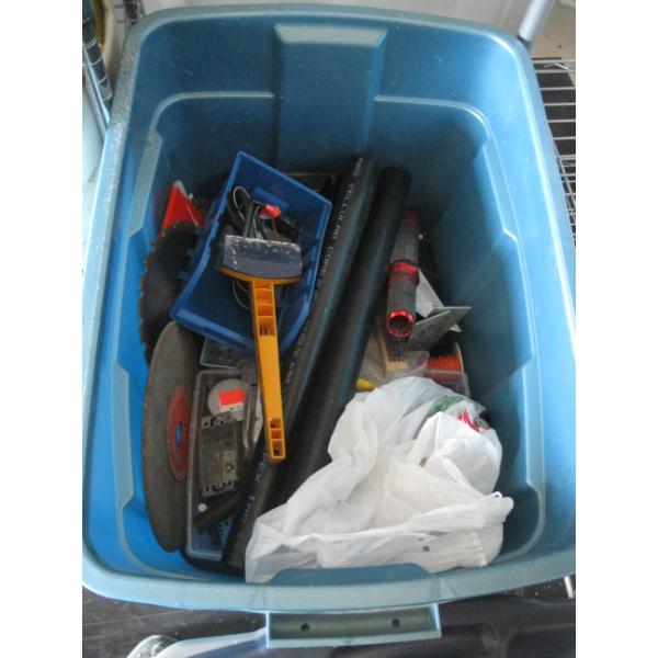 TOTE OF MISC. TOOLS, HARDWARE, ETC.