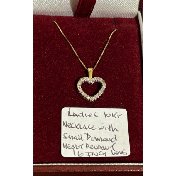 LADIES 10KT NECKLACE W/SM. DIAMOND HEART PENDANT, 16"