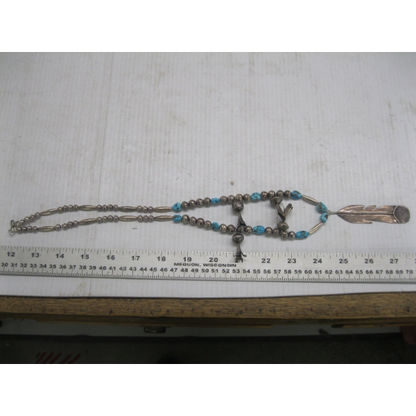 NAVAJO SILVER SQUASH BLOSSOM NECKLACE W/FEATHER PENDANT, SIGNED