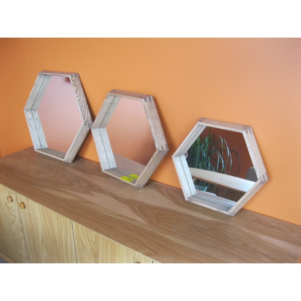 3 PIECE HEXAGON WOOD FRAMED MIRROR SET