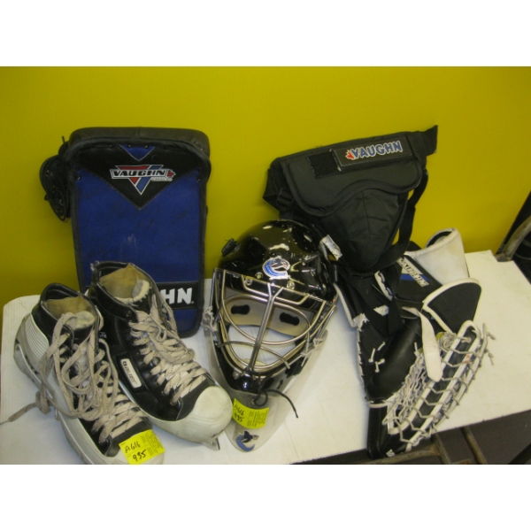 LG. LOT OF ASST. GOALIE GLOVES, SKATES & HELMET