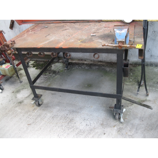 HEAVY DUTY STEEL TOP WELDING TABLE ON CASTORS, APPROX. 55"X48"