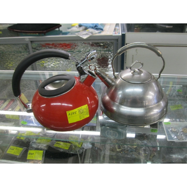 2 STOVETOP KETTLES - 1 RED/1 CHROME