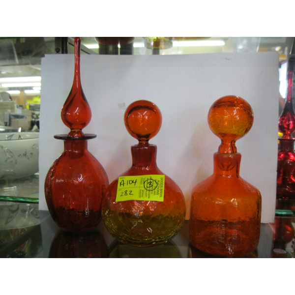 3 RED GLASS MCM BLENKO DECANTERS