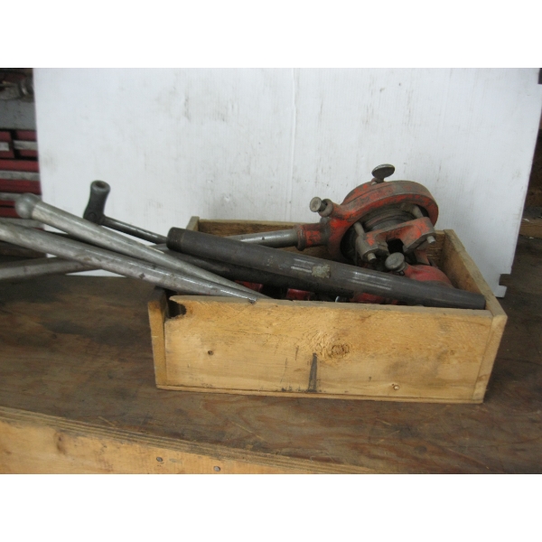 LOT OF ASST'D PIPE THREADING TOOLS, DIES, PIPE CUTTER, ETC.