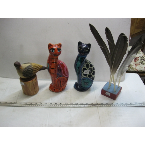 2 PAINTED CERAMIC CAT FIGURINES, BIRD & FEATHERS ON STAND