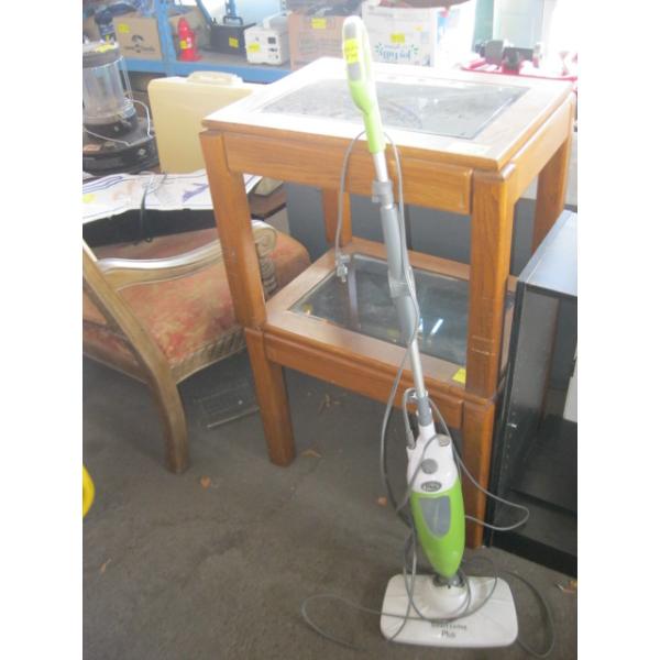 PAIR OF GLASS & OAK END TABLES W/SMART LIVING FLOOR STEAMER
