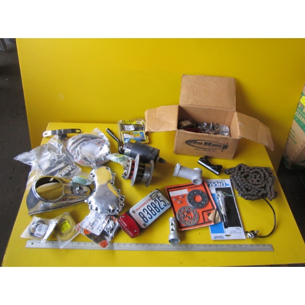 BIN OF ASST. MOTORCYCLE PARTS - STARTER, ETC.