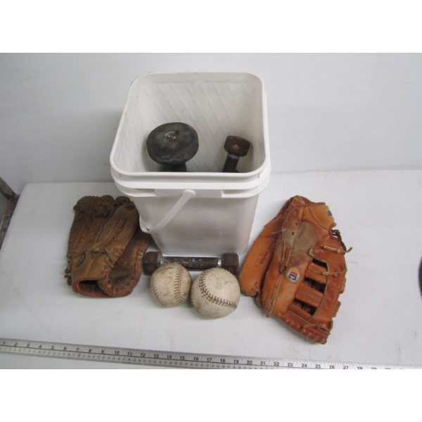 BUCKET W/BASEBALL GLOVES, WEIGHTS