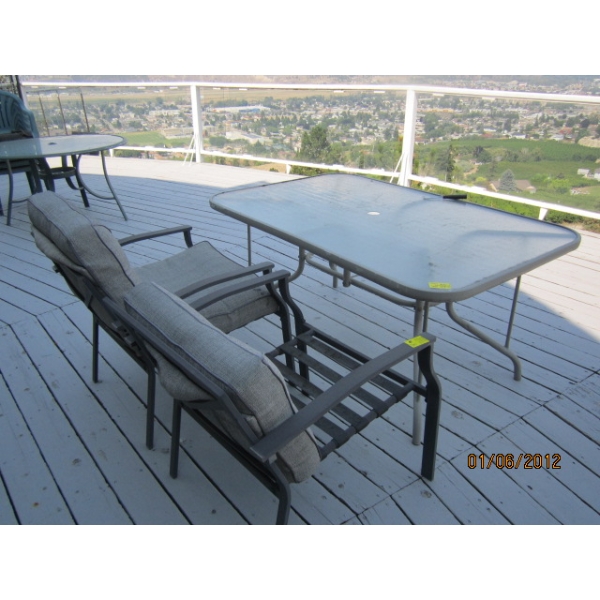 GLASS TOP PATIO TABLE & 4 CHAIRS W/CUSHIONS