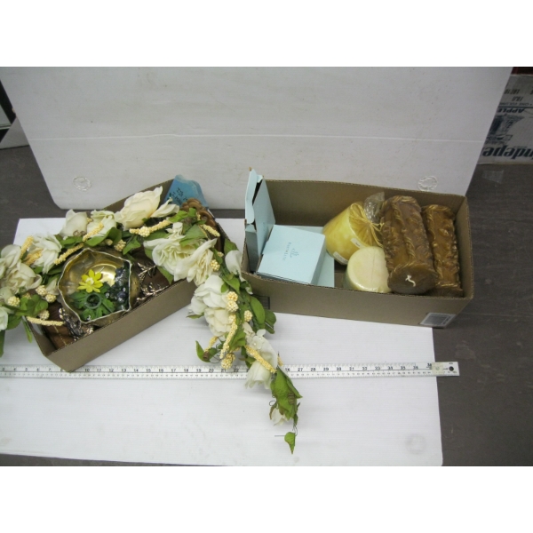 2 BOXES OF MISC. CANDLES, ARTIFICIAL FLOWERS, ETC.