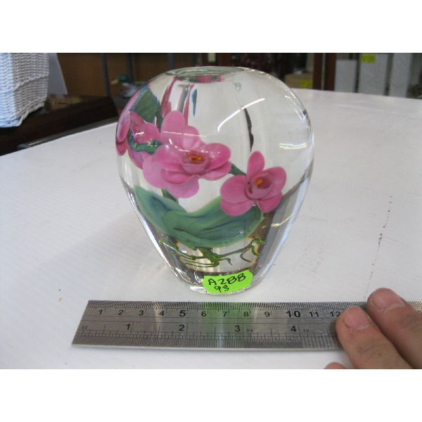 GLASS PAPERWEIGHT CANDLEHOLDER, SIGNED
