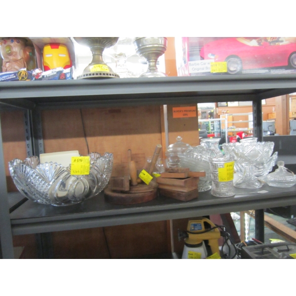 MISC. VINTAGE GLASSWARE, WOODEN PRESSES, ETC.