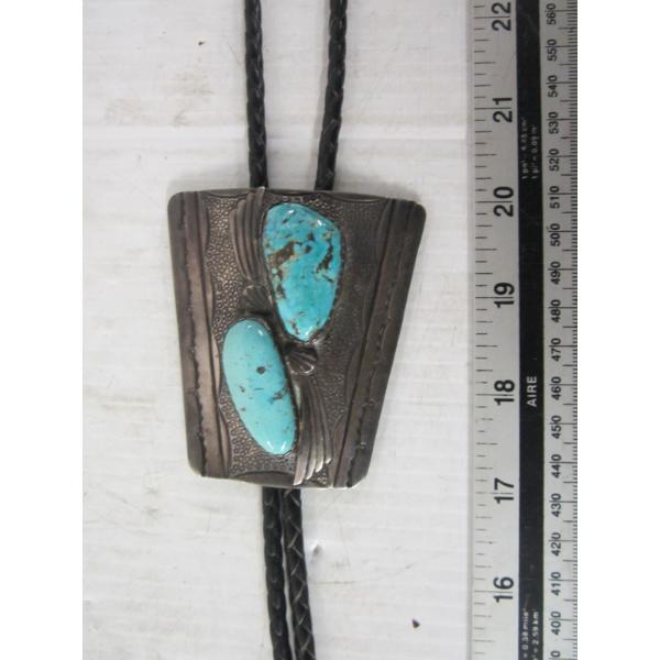 BENNETT SILVER W/2 CORAL STONES & 2 CORAL TIE ENDS NAVAJO BOLO TIE