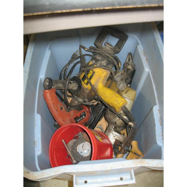 BIN OF MISC. "AS IS" DEWALT 1/2" DRILL, ELECTRIC DRILLS, ETC.