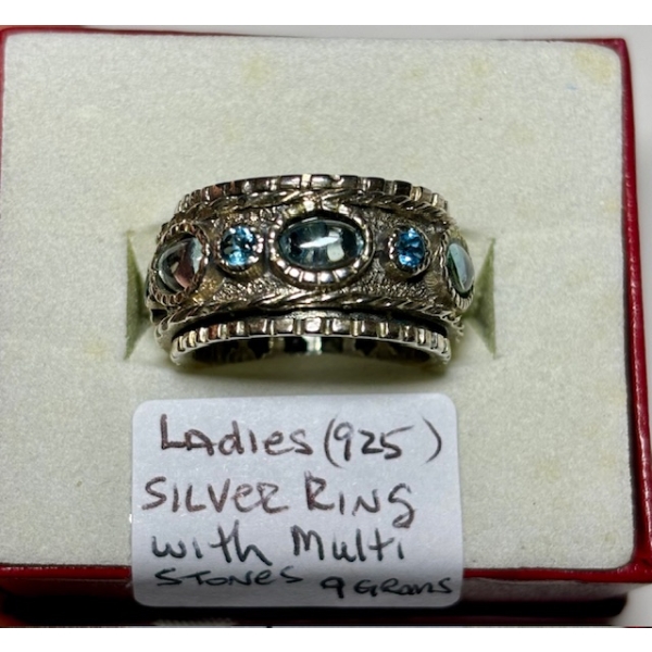 LADIES .925 SILVER RING W/MULTI STONES, 9G - SZ 8