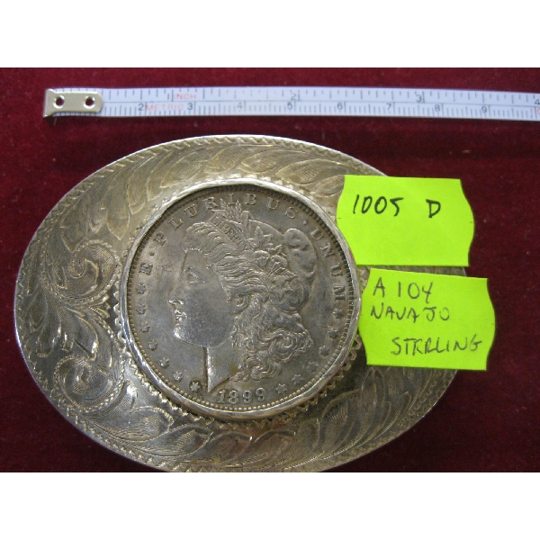 NAVAJO STERLING BELT BUCKLE W/1988 AMERICAN EAGLE COIN