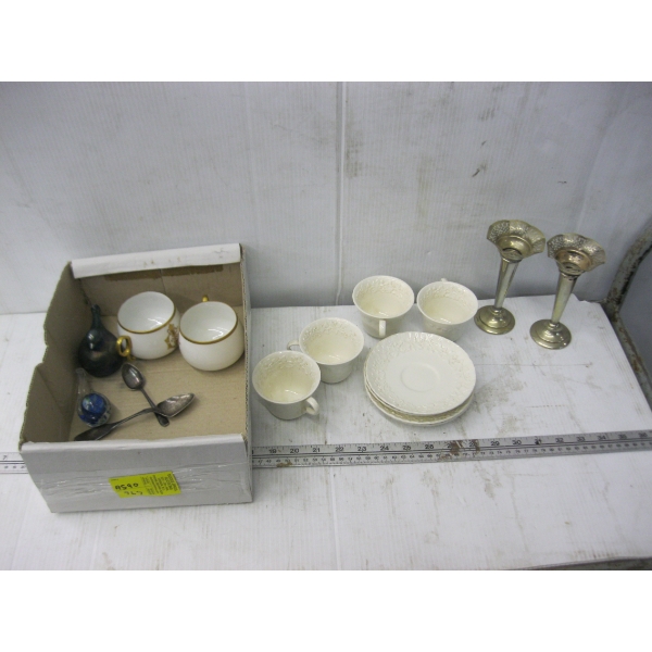 MISC. WEDGEWOOD TEACUPS/SAUCERS, SILVER CANDLEHOLDERS, ETC.